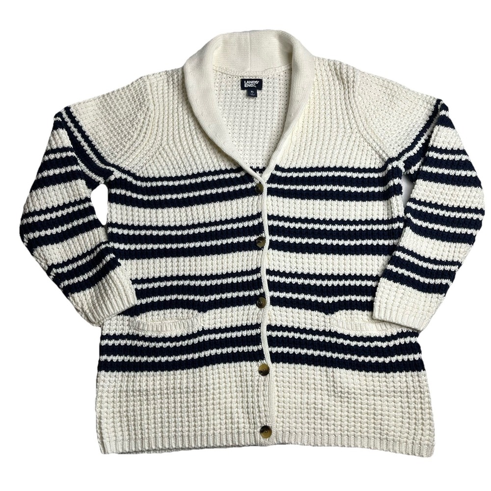 Lands End Chunky Cardigan Sweater Women's XL Navy And White Stripes Preppy